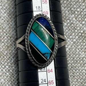 Vtg Signed 925 Sterling Silverer Inlay Multi Color Stone Ring Sz 9.75